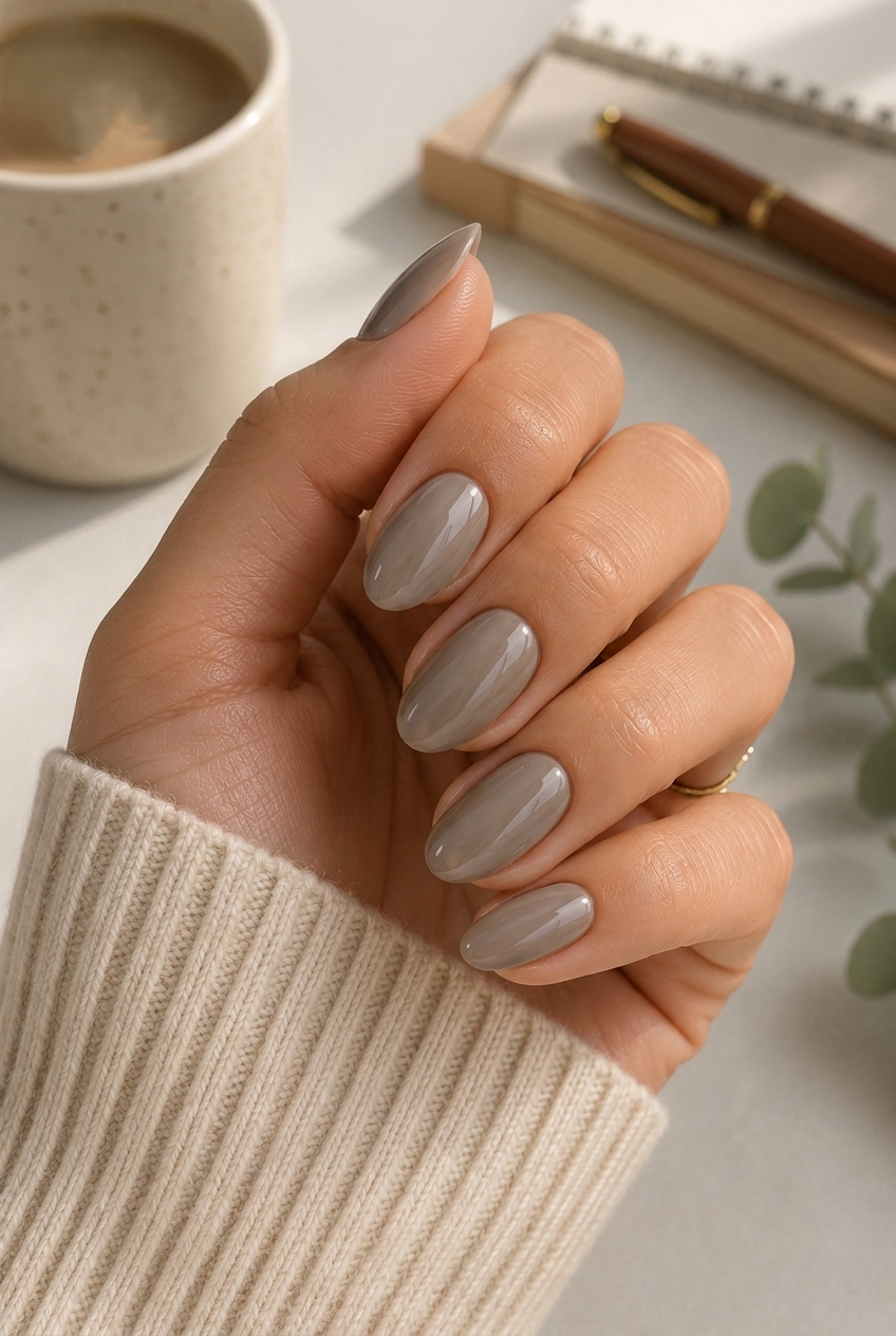 Greige almond manicure with glossy neutral polish perfect for teacher nails and professional workwear.