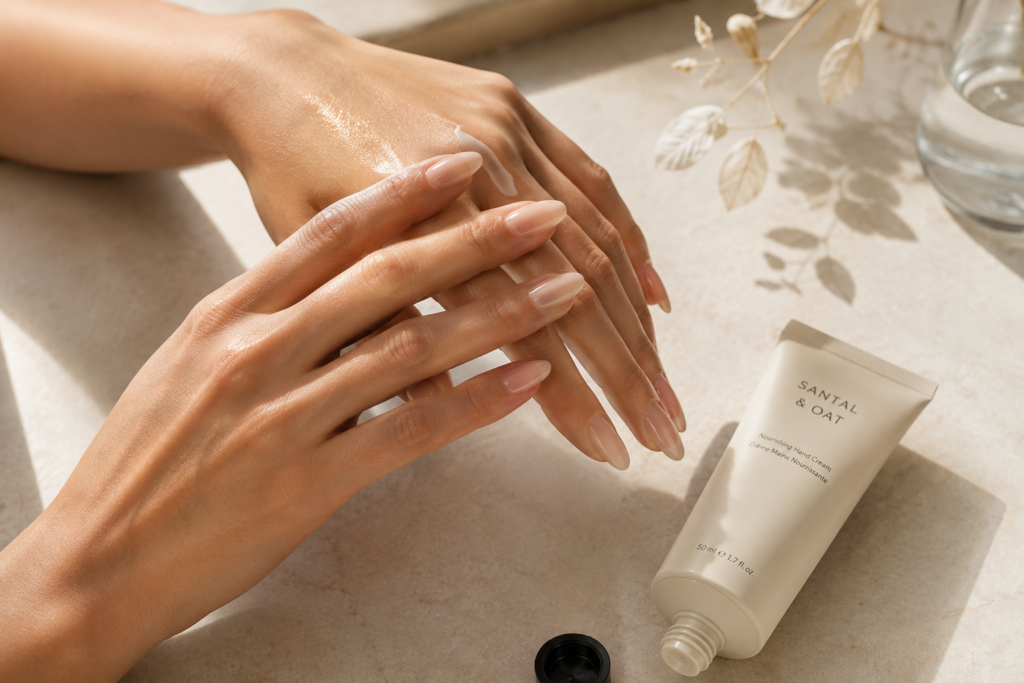 Applying premium hand cream to maintain smooth, hydrated skin for a luxury manicure aesthetic.