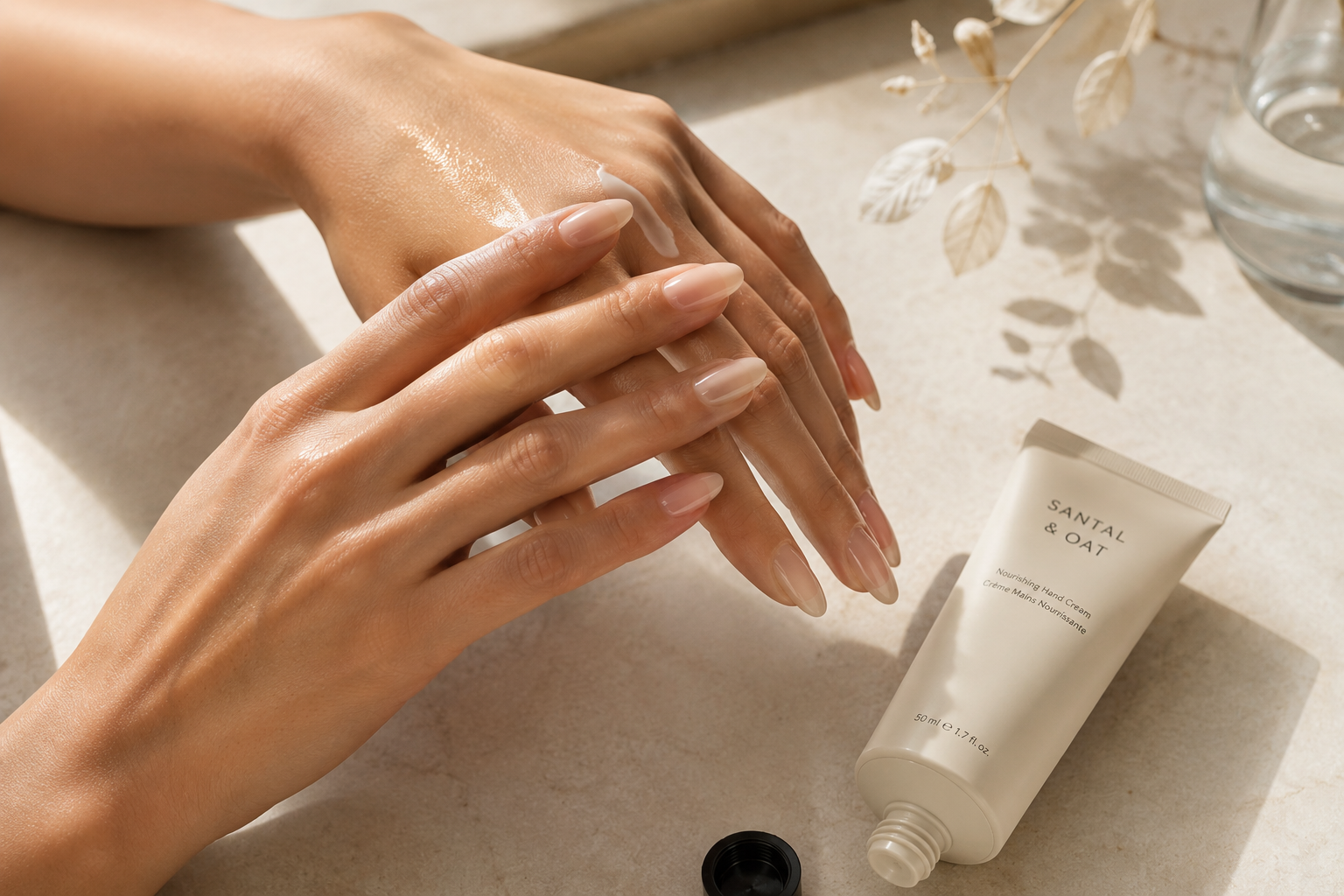 Applying premium hand cream to maintain smooth, hydrated skin for a luxury manicure aesthetic.