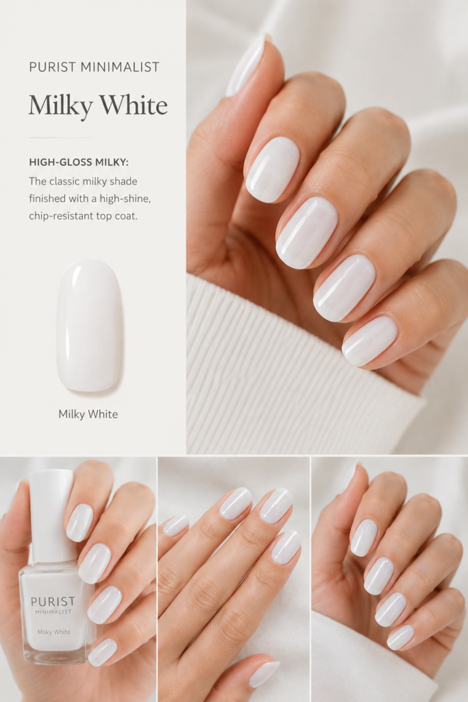 A luminous, high-shine manicure with a creamy white polish, highlighting the brilliance of high-gloss milky white nail ideas for an effortlessly polished appearance.
