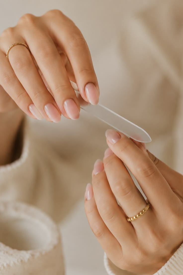 Gently filing a natural nail with a glass nail file.