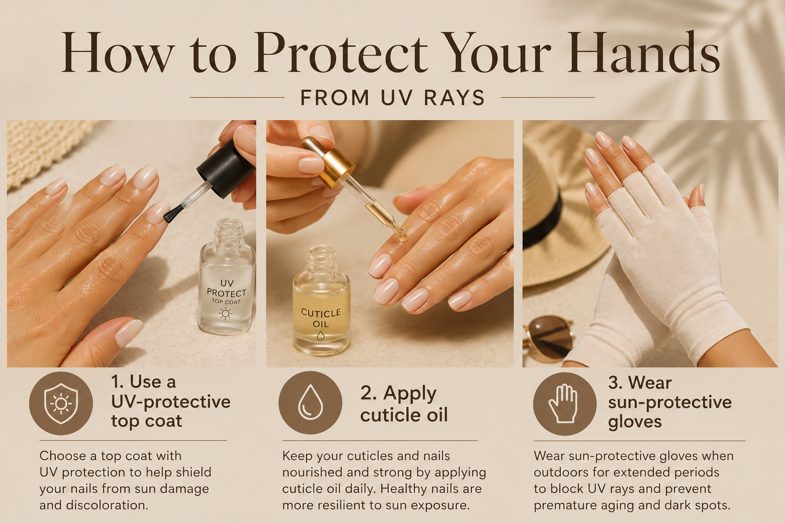 Summer Hand Care guide explaining how to protect hands from UV rays with sunscreen and moisturizing treatments.