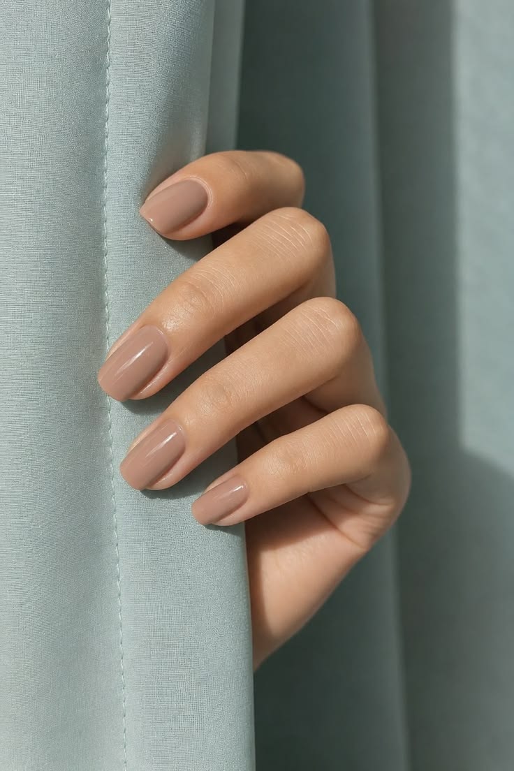 Linen beige nails with a warm neutral tone, elegant quiet luxury nails for summer.