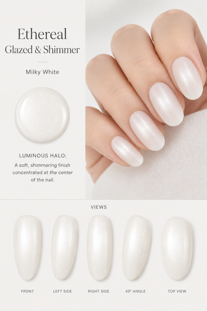 An elegant manicure featuring a luminous glow concentrated at the center of each nail, highlighting the ethereal depth found in these modern milky white nail ideas.