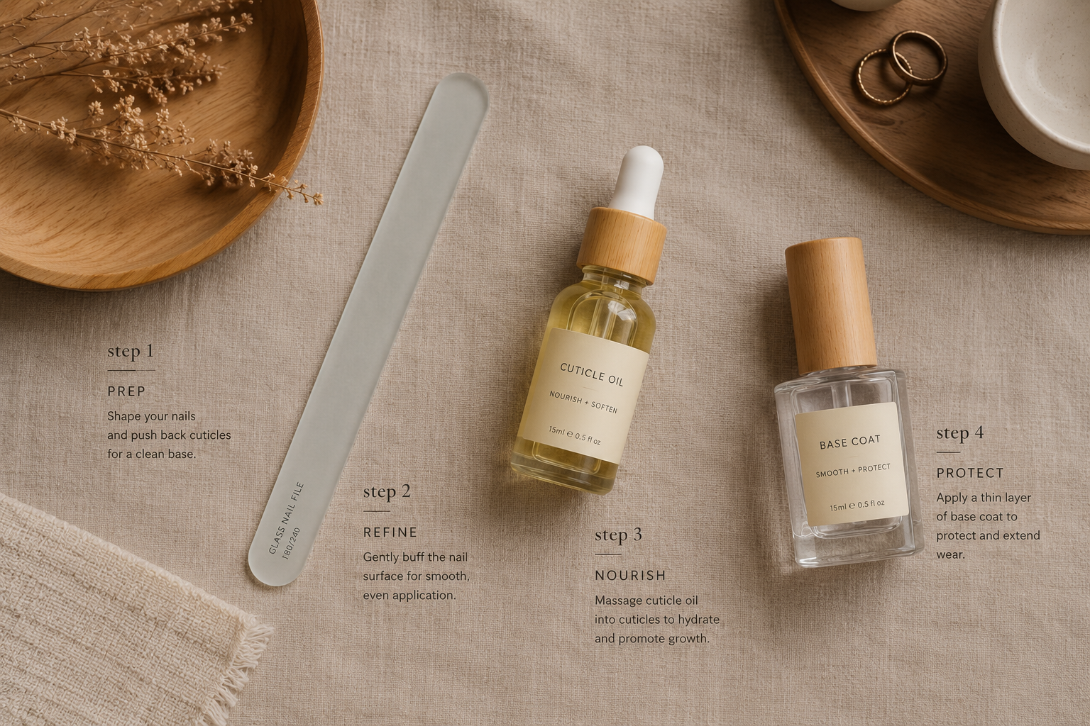 Flat lay of manicure tools including nail file and cuticle oil on a linen background for natural nail care.