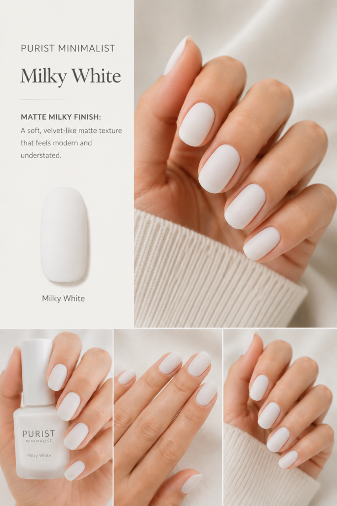 A sophisticated hand model posing with a modern matte finish on a milky white base, demonstrating how matte texture adds a velvety touch to classic milky white nail ideas.