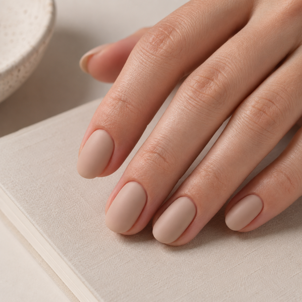 Minimalist and chic, these elegant office-friendly nails feature a velvety matte nude finish, perfect for a professional and polished aesthetic.