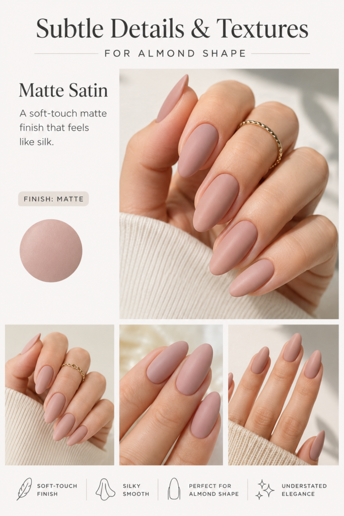Matte satin almond nails in a soft nude pink shade, creating an understated luxury and modern feminine style.