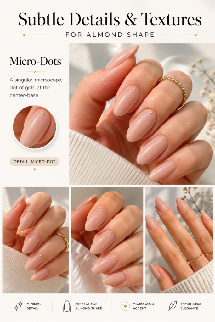 Nude almond nails with tiny white micro-dot accents, minimalist nail art, and a sophisticated polished appearance.