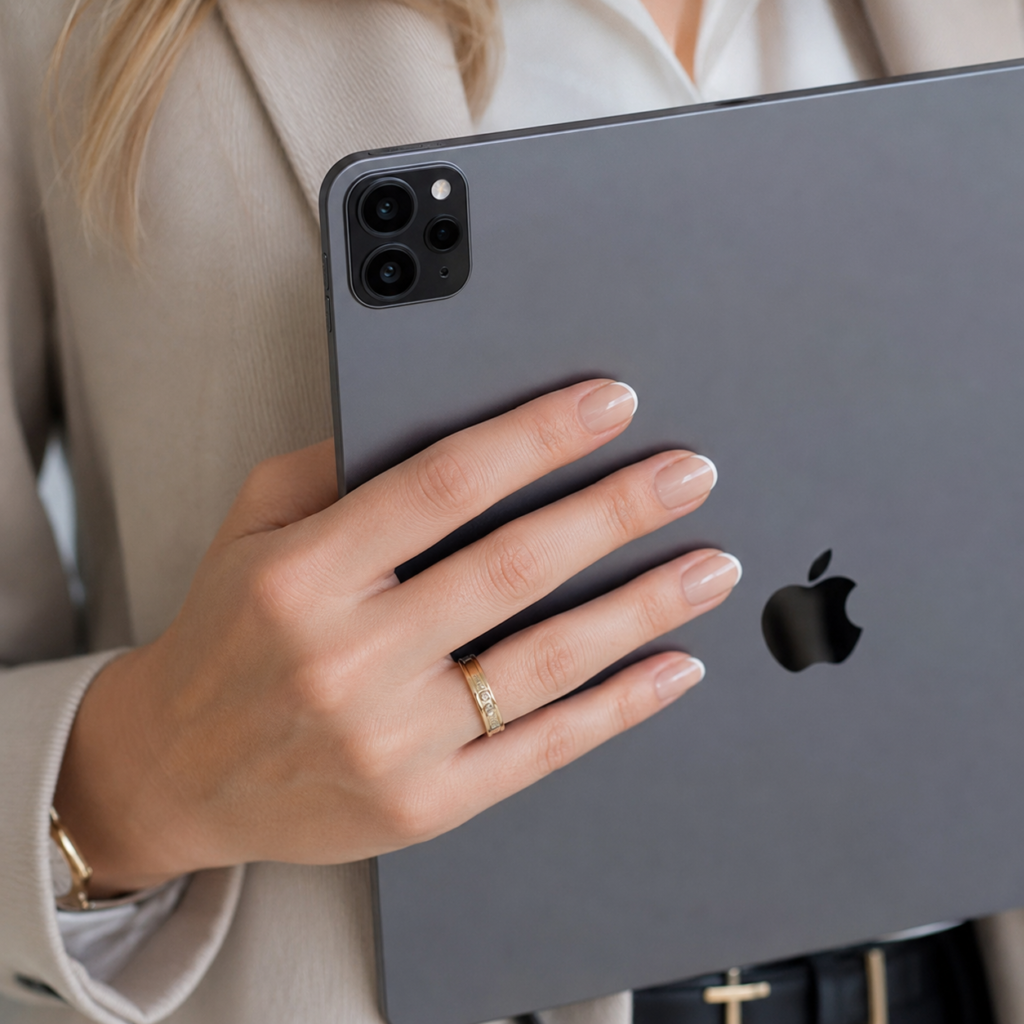 Perfectly manicured hands holding a tablet, showcasing classic elegant office-friendly nails with a refined, ultra-thin micro-French tip design.