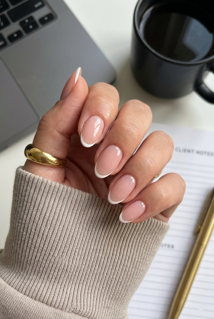 Professional nail ideas with a delicate micro-French manicure on short almond nails for a polished workplace look.