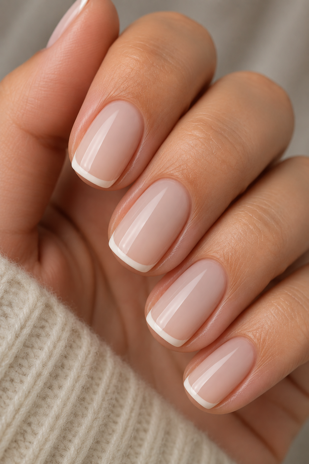 Professional nail ideas featuring a sheer nude manicure with ultra-thin micro-French tips on short square nails.