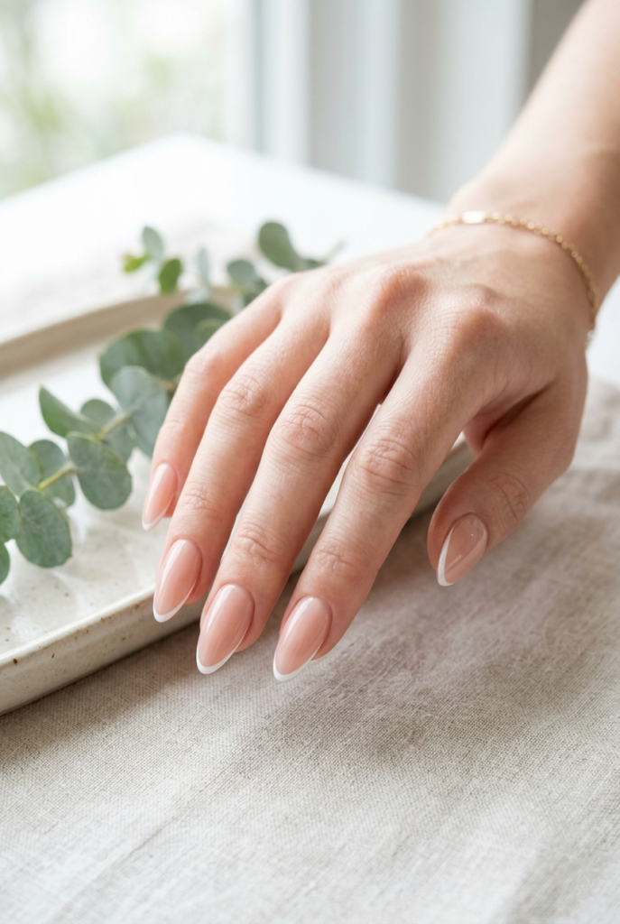 Elegant almond nails with ultra-thin micro French tips and a natural glossy nude base, perfect for an effortlessly chic aesthetic.
