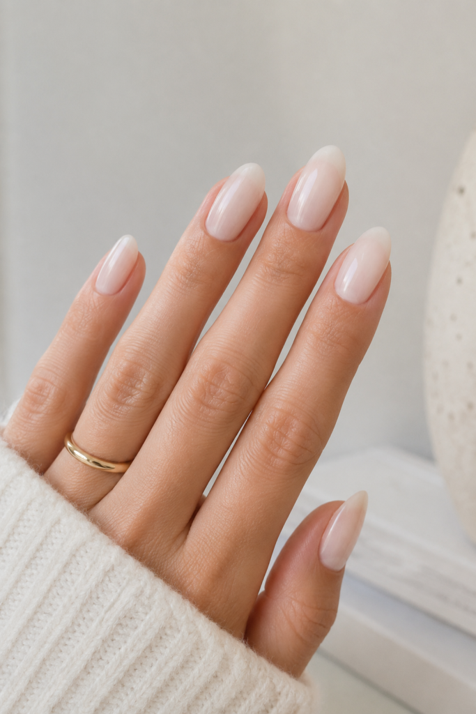 Milky white nail design offering a clean, ethereal, and high-end finish for a minimalist almond manicure.