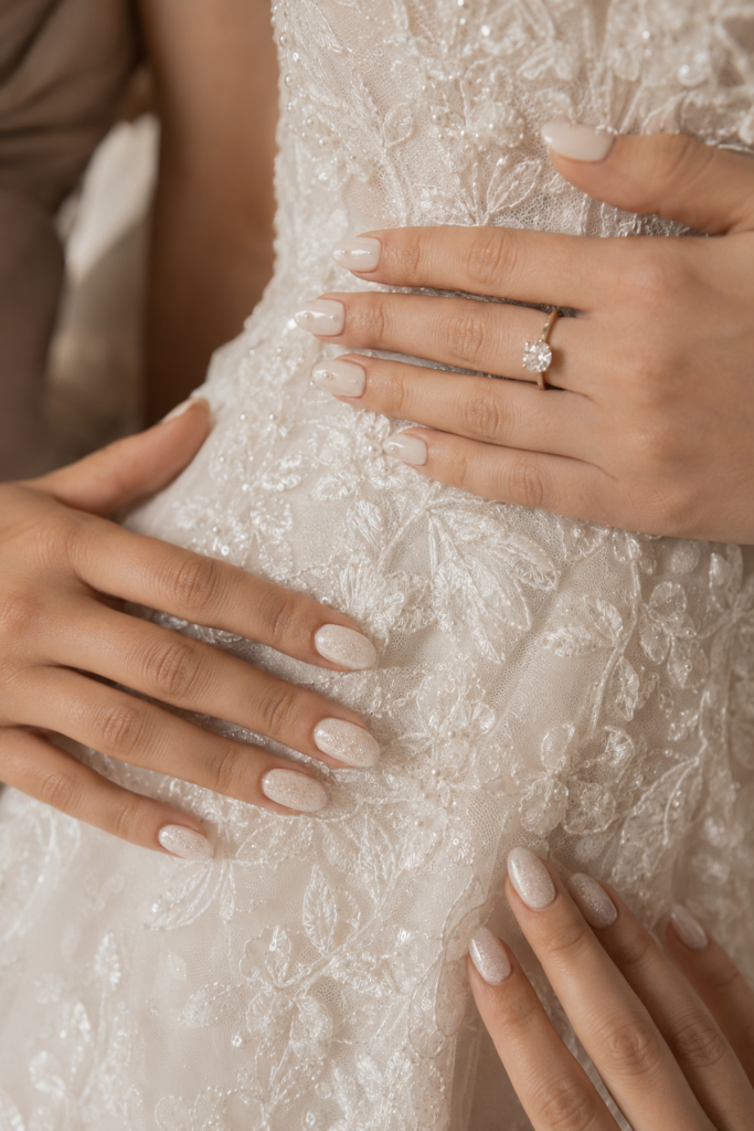 Clean and minimalist bridal and bridesmaid nails featuring a milky white finish.