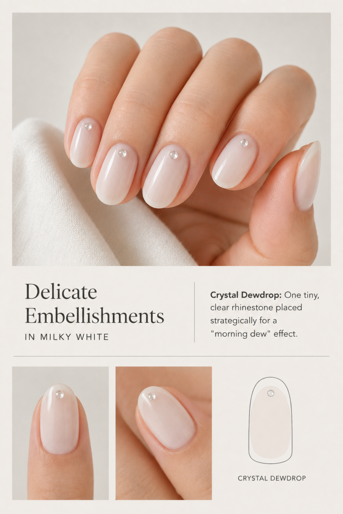 A close-up of a hand model featuring one tiny, strategically placed clear rhinestone on a milky base for a "morning dew" effect, capturing the delicate elegance of these milky white nail ideas.