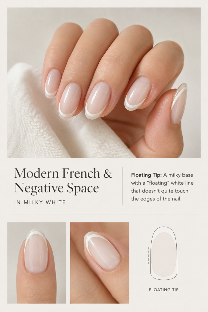 A sophisticated hand model showcasing a "floating" white line that doesn't reach the edges of the nail, a modern twist among our favorite milky white nail ideas for those who love artistic detail.