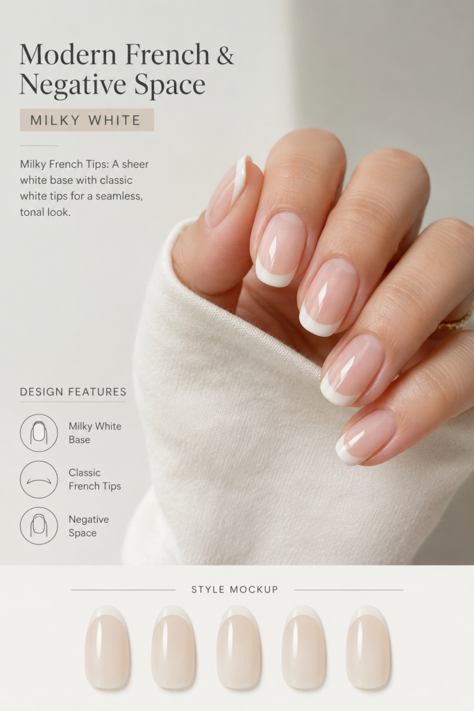 A timeless and seamless tonal look featuring a sheer milky white base with classic white tips, a staple among the most elegant milky white nail ideas for any occasion.