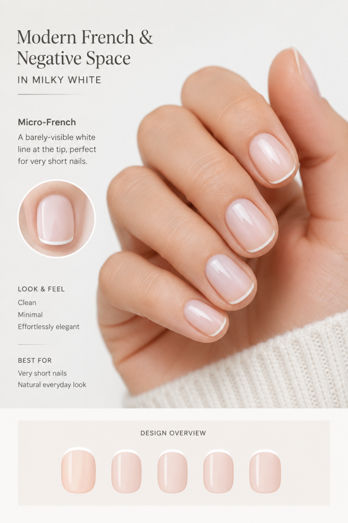 A delicate and understated manicure with a barely-visible white tip, perfect for short nails and those who appreciate the minimalism of subtle milky white nail ideas.