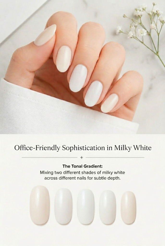 A sophisticated manicure mixing two different shades of milky white across different nails for subtle depth, a creative yet professional take on milky white nail ideas.