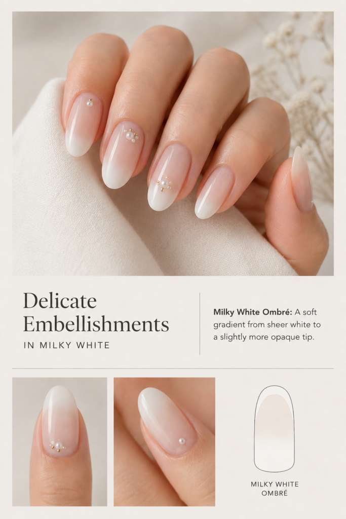 A beautiful gradient manicure transitioning from a sheer, ethereal white at the cuticle to a slightly more opaque tip, a soft and dreamy selection of milky white nail ideas.