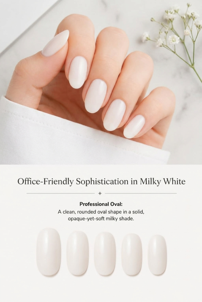 A clean, rounded oval shape painted in a solid, opaque-yet-soft milky shade, providing a reliable and chic option among our milky white nail ideas for the office.
