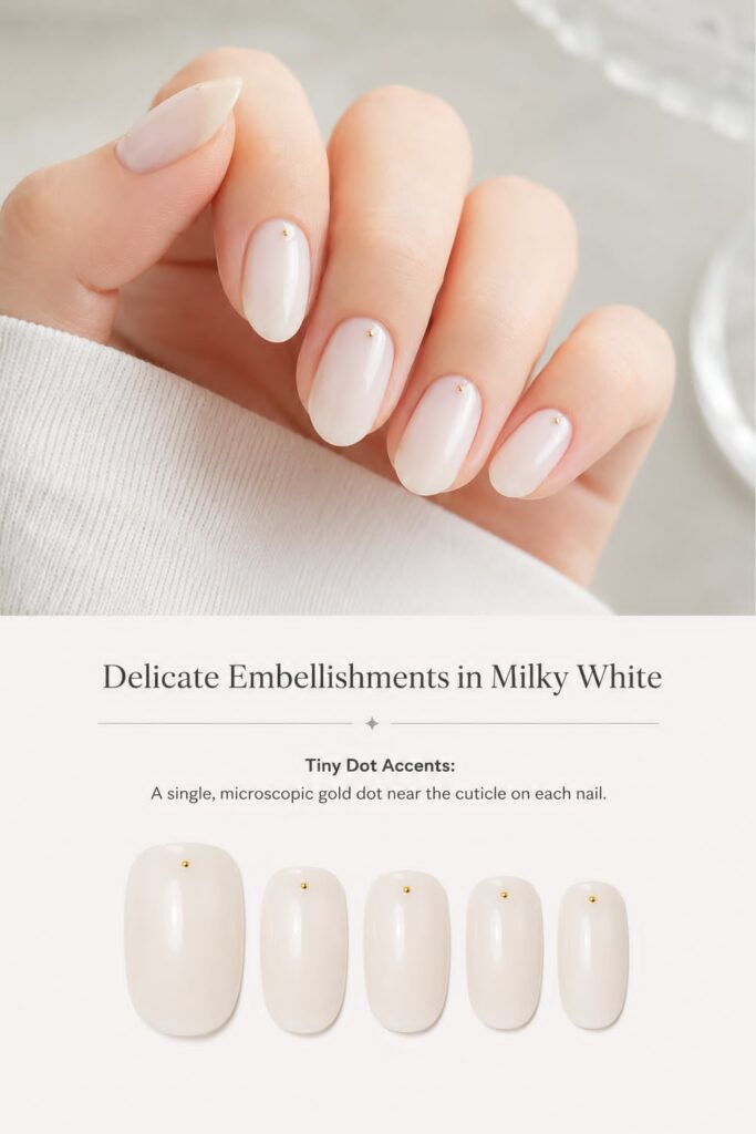A refined hand model showcasing a single, microscopic gold dot near the cuticle on a creamy white base, adding a subtle touch of luxury to these minimalist milky white nail ideas.