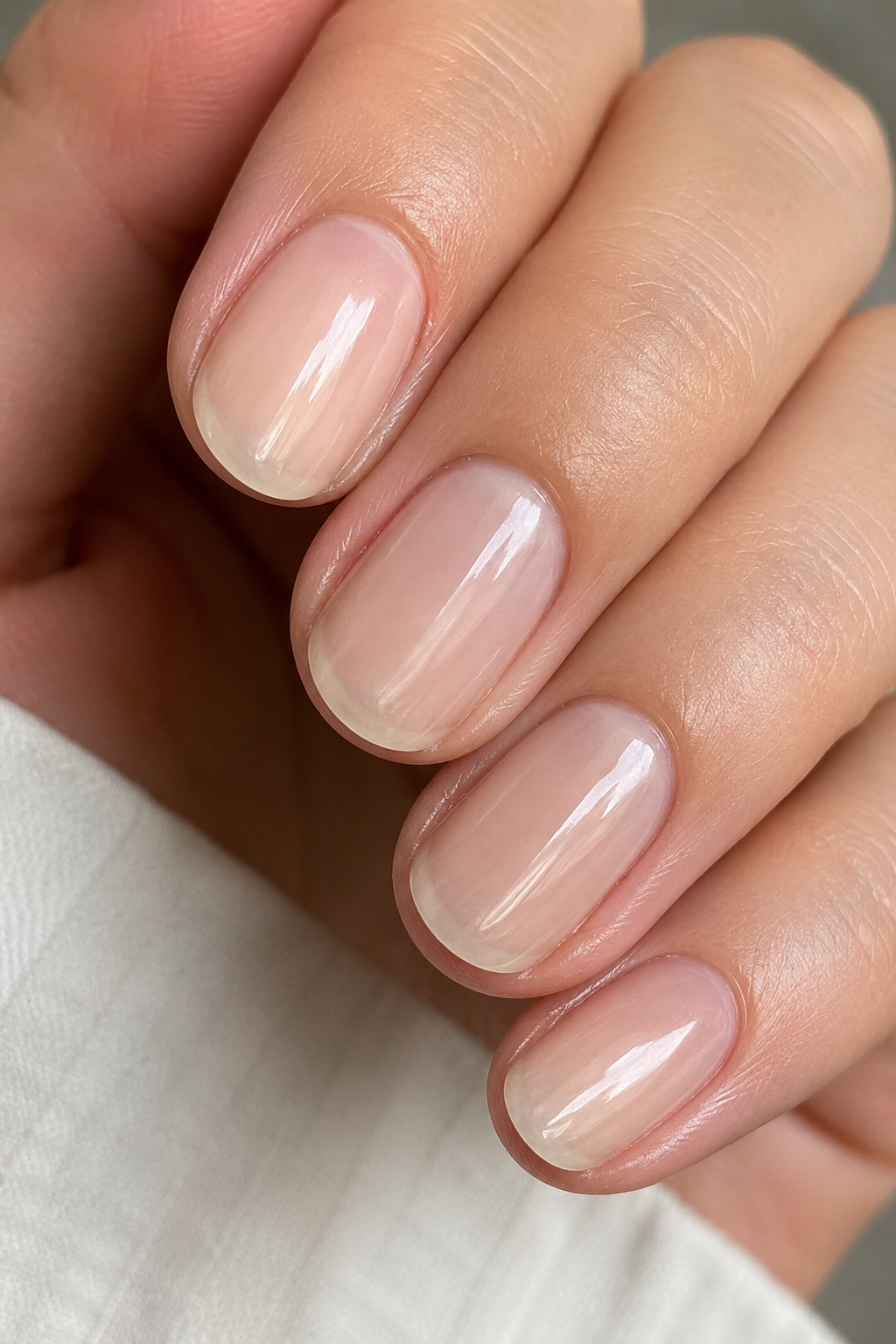 Milky sheer nude nails with a natural glossy finish for a clean and timeless manicure.