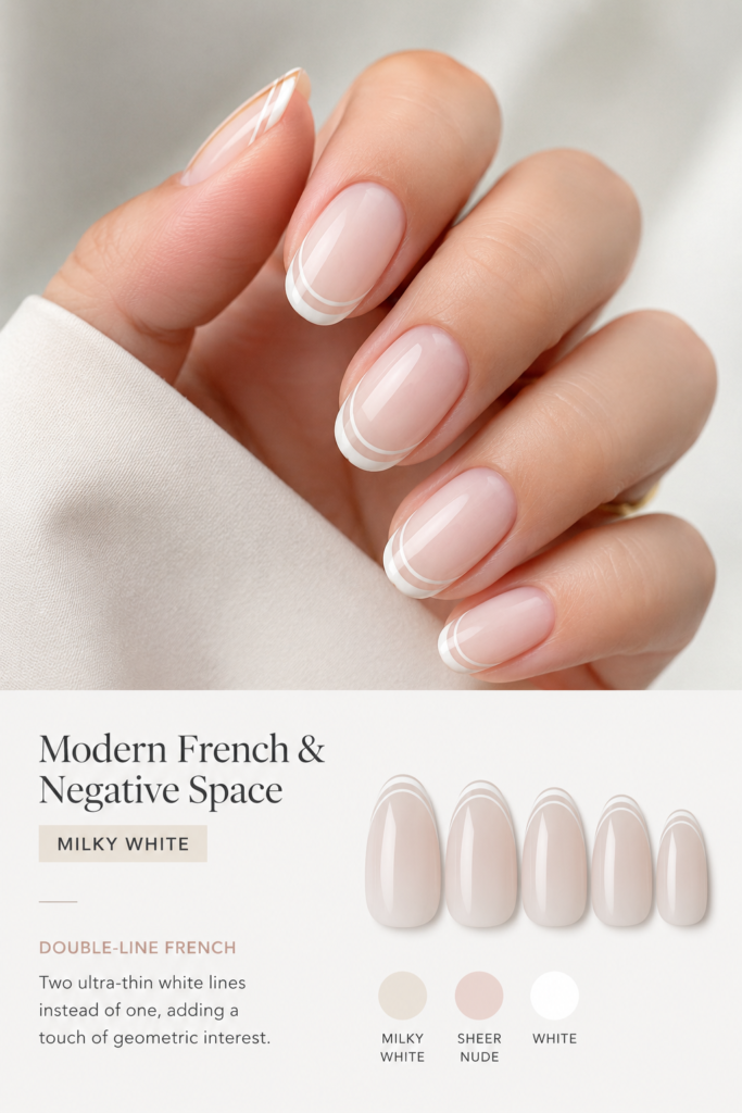 A refined look with two ultra-thin, precise white lines at the tip, offering a geometric yet feminine update to classic milky white nail ideas.