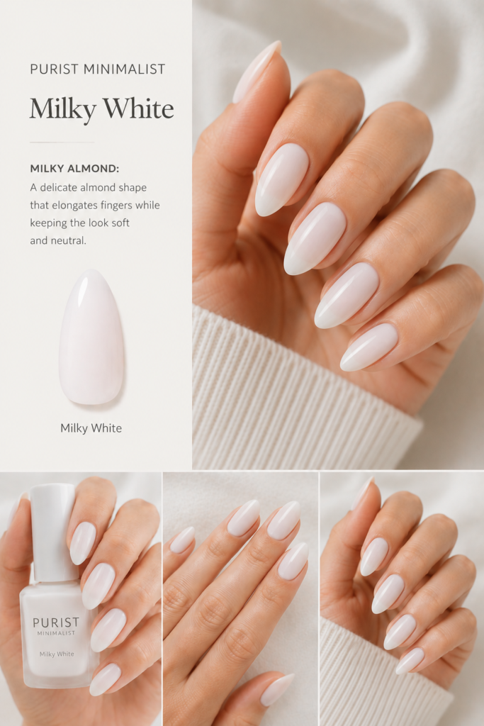 A close-up showing elegant almond-shaped nails with a sheer, creamy finish, perfect for those seeking timeless milky white nail ideas that elongate the fingers.