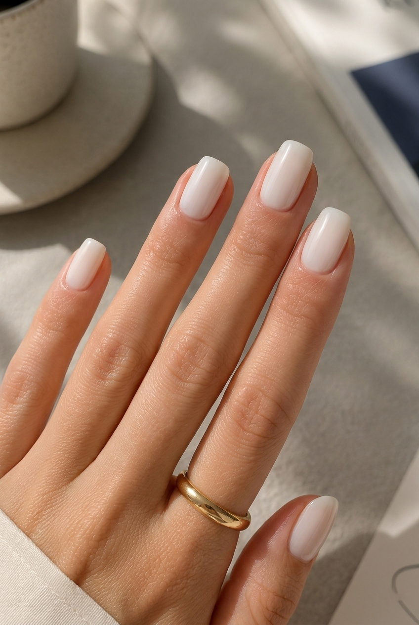 Professional nail ideas featuring milky white polish on soft squoval nails with a clean, elegant office-ready finish.