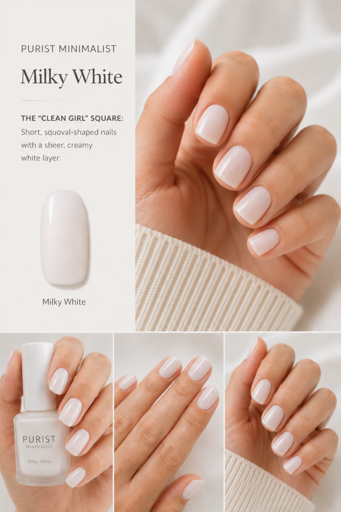 A minimalist manicure featuring square-shaped nails painted in a soft, clean milky shade, showcasing one of the most classic milky white nail ideas for a refined look.
