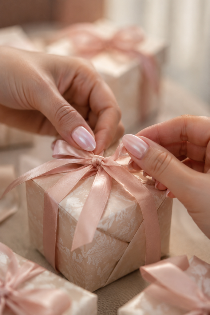 Minimalist nail accents featuring a subtle shimmer for bridal and bridesmaid nails.