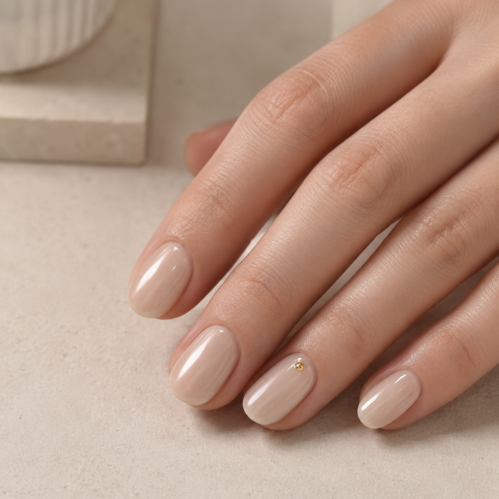 A subtle, creative touch with these elegant office-friendly nails, showcasing a minimalist gold dot accent on a soft, neutral base.