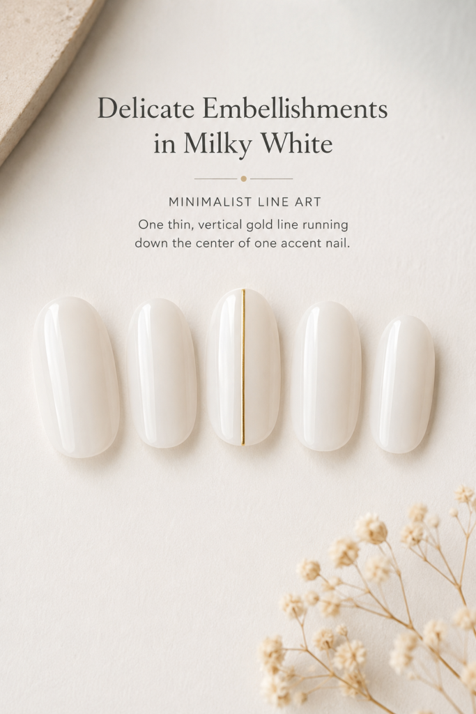 A clean and modern manicure with a single thin, vertical gold line running down the center of an accent nail, highlighting the artistic precision of these milky white nail ideas.
