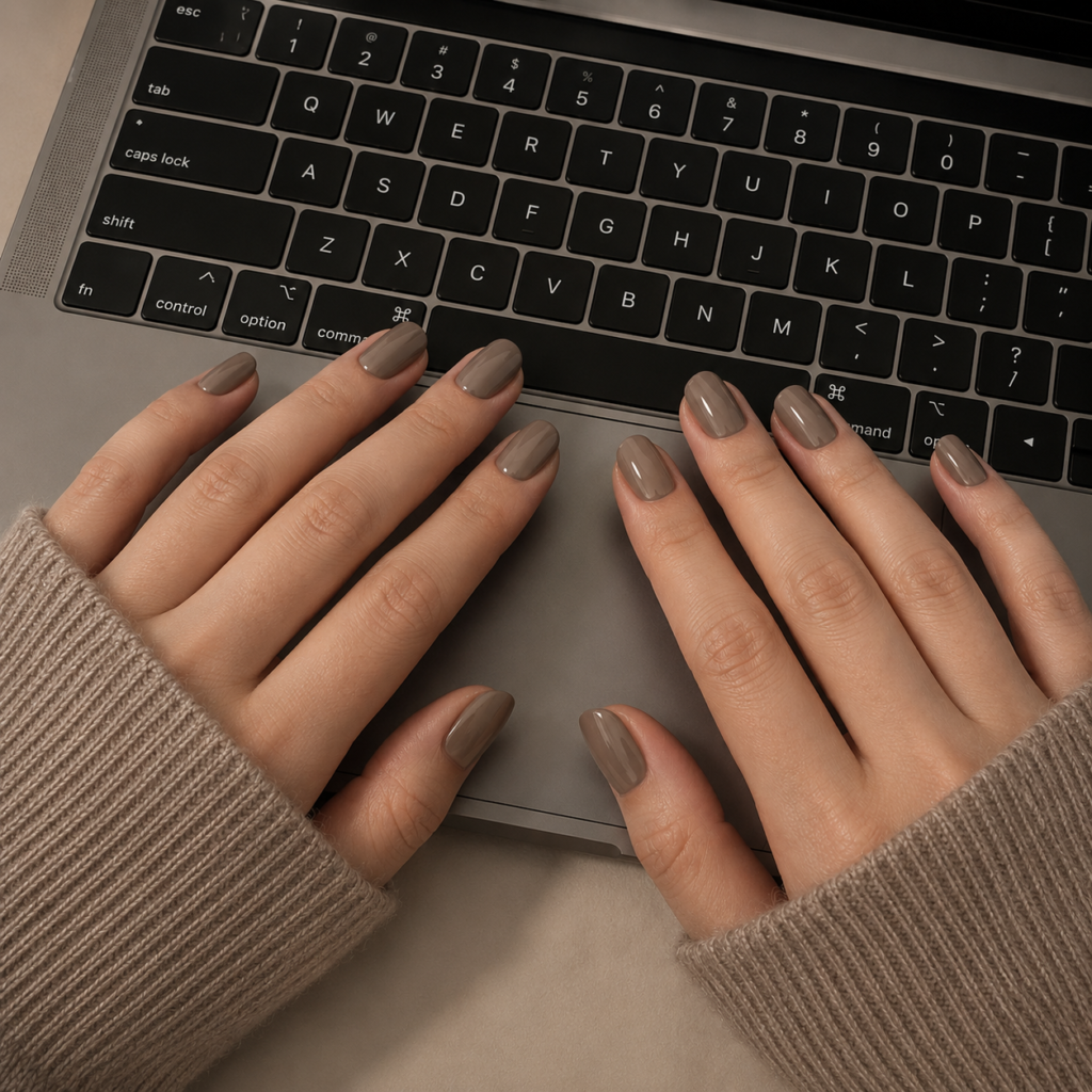 Minimalist aesthetic featuring elegant office-friendly nails in a sophisticated mushroom taupe color, resting on a laptop keyboard.
