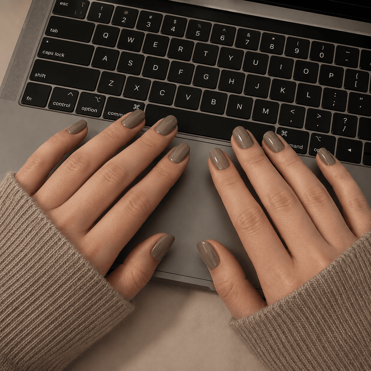 Minimalist aesthetic featuring elegant office-friendly nails in a sophisticated mushroom taupe color, resting on a laptop keyboard.