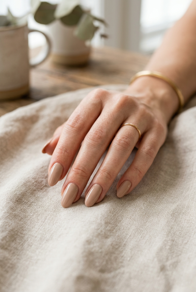 Elegant Muted Clay manicure, one of the sophisticated nude nail ideas for quiet luxury aesthetic.