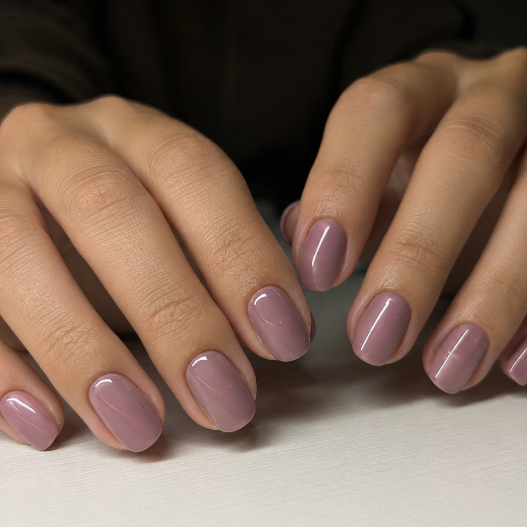 Sophisticated and chic, these elegant office-friendly nails are painted in a beautiful, muted mauve tone that is perfect for a professional look.