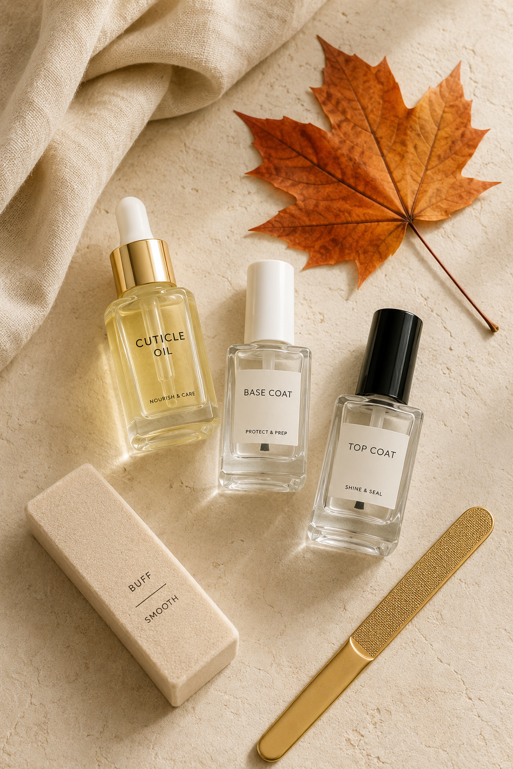 Nail care essentials flat lay with cuticle oil, base coat, and top coat in a quiet luxury autumn manicure setting.