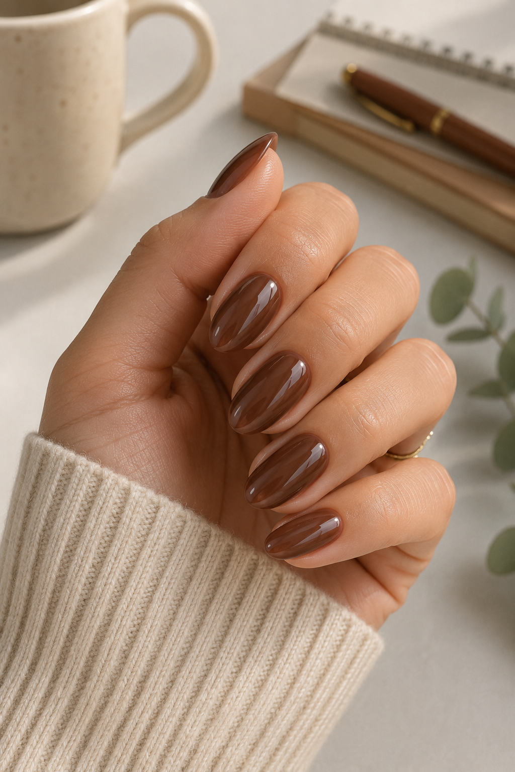 Neutral glossy manicure featuring elegant back to school nails for adults and teacher-friendly nail inspiration.