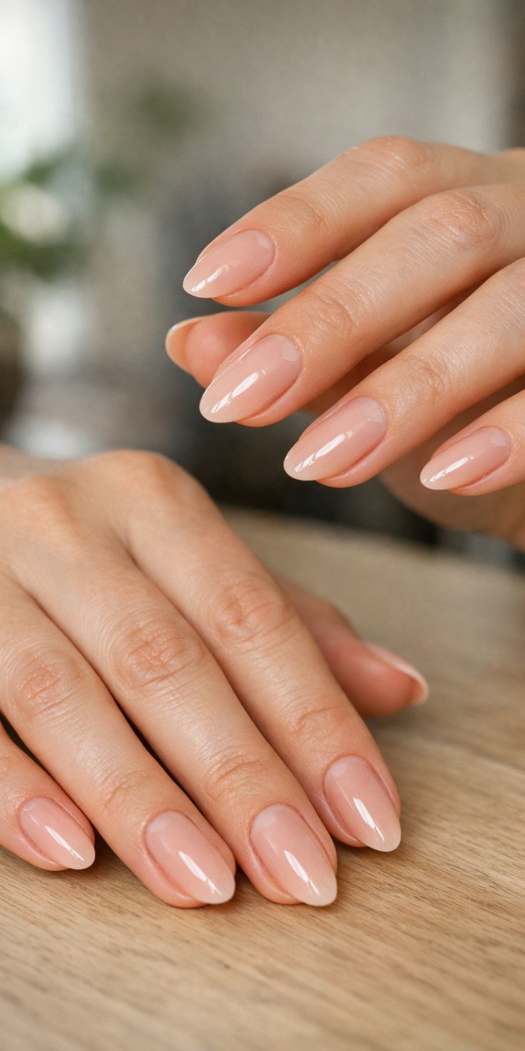 Natural gloss nails with a sheer glossy finish, simple elegant summer nails ideas for clean girl aesthetic.
