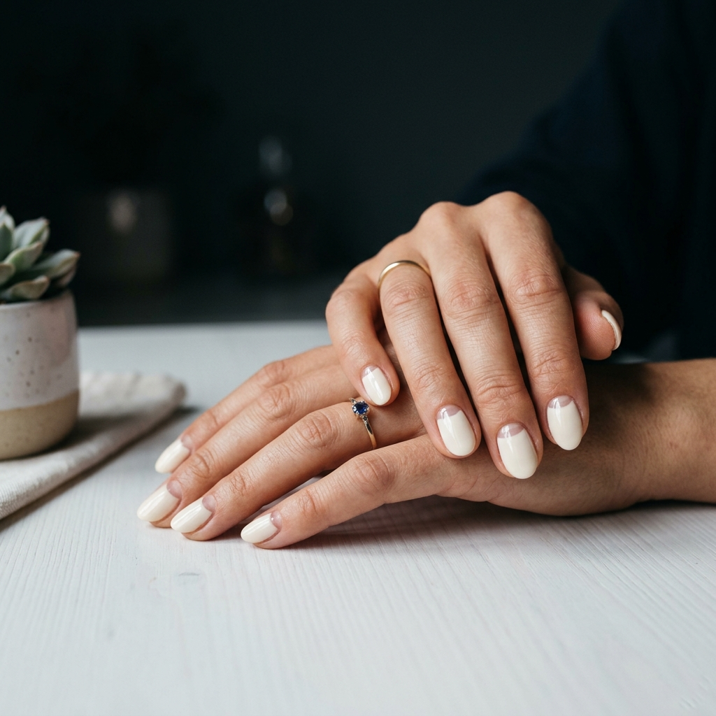A creative and refined design, these elegant office-friendly nails showcase clean negative space arcs for a contemporary, architectural aesthetic.