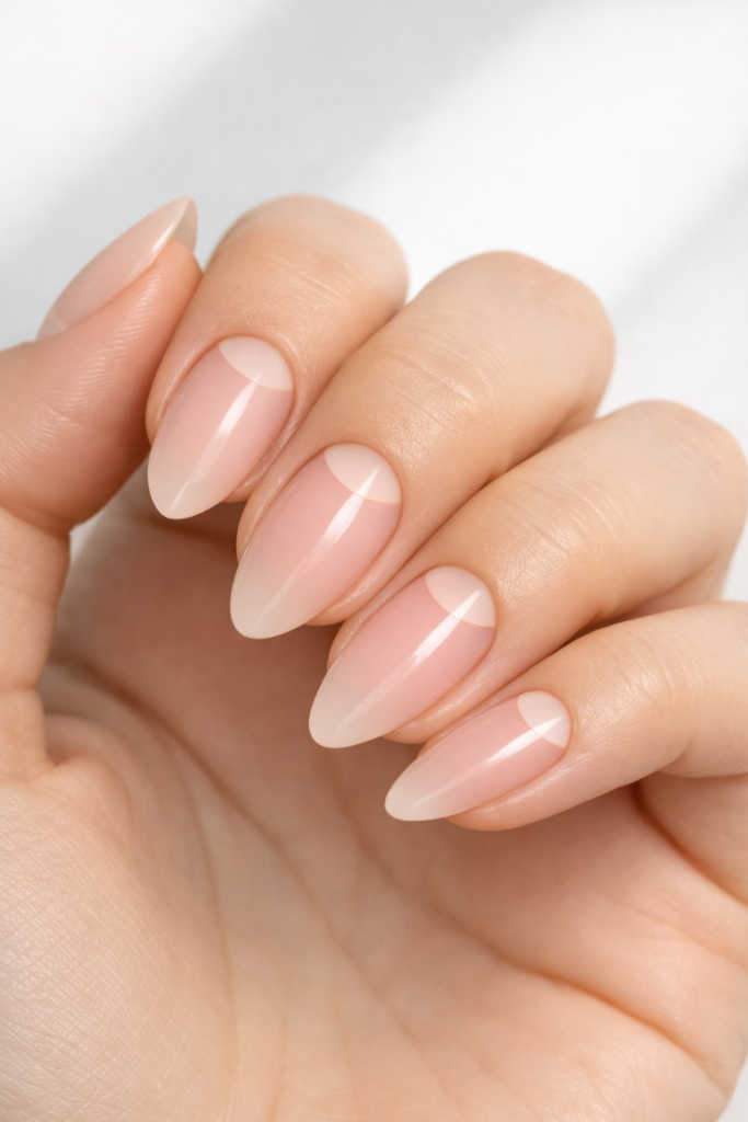 Elegant almond nails with negative space half-moon accents and a sheer blush pink finish for timeless understated beauty.