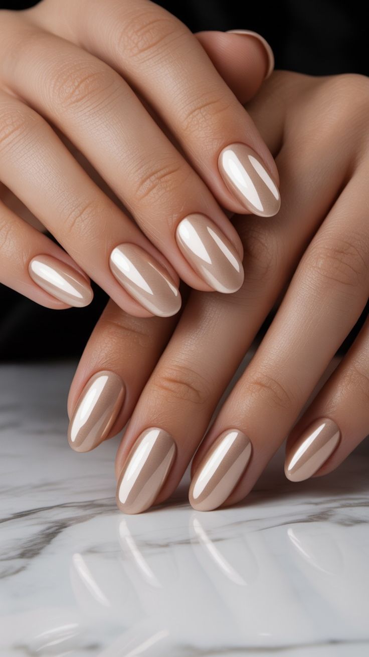 Nude chrome nails with a reflective metallic finish, classy summer nails ideas for a polished look.