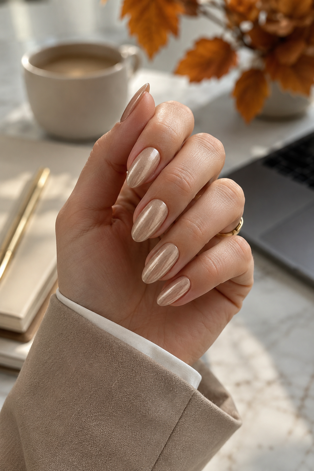 Nude-toned Old Money Nails with a glossy natural finish inspired by No-Mani Mani and Your Nails But Better trends.