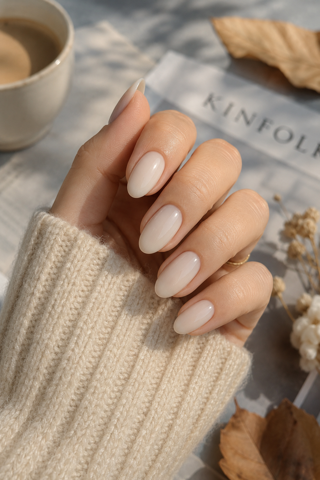 Soft oatmeal-toned cloud dancer nails, a perfect neutral look for the quiet luxury aesthetic.