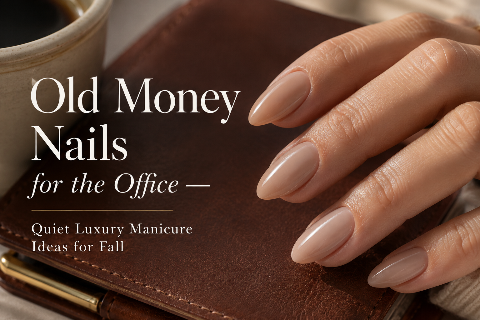 Old money nails for the office — glossy nude almond nails resting beside a leather notebook and coffee cup.