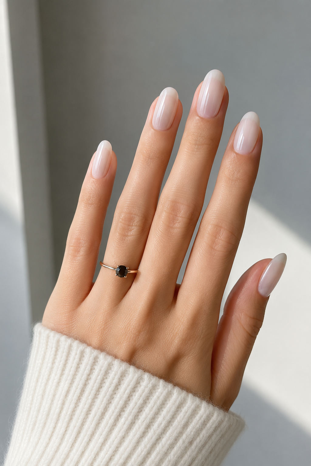 Best Nail Shape for long slender fingers featuring elegant oval nude nails with a healthy glossy finish.