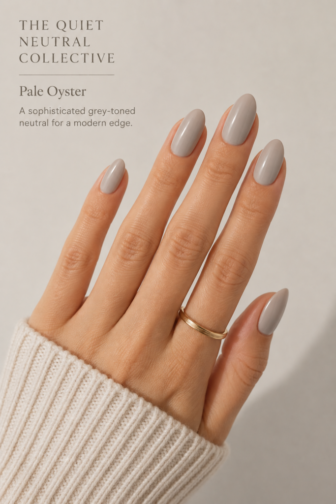 Elegant almond nails in a sophisticated pale oyster grey tone for a modern quiet luxury look.